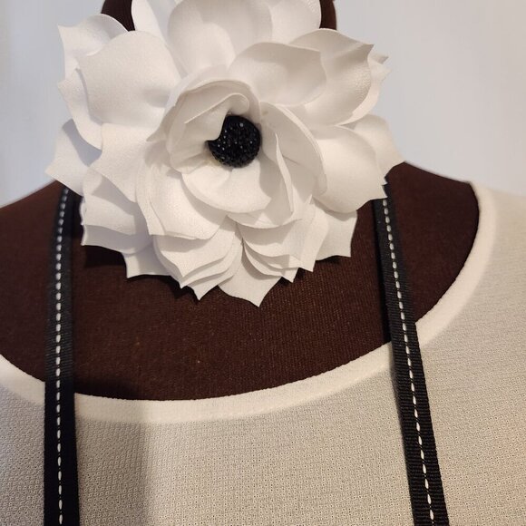 Hand Crafted White Black Floral Choker Necklace Black White Long Ties - Picture 7 of 7